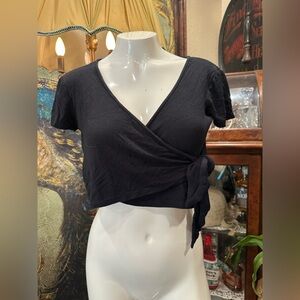 Active USA Black Short Sleeve Wrap Crop Top